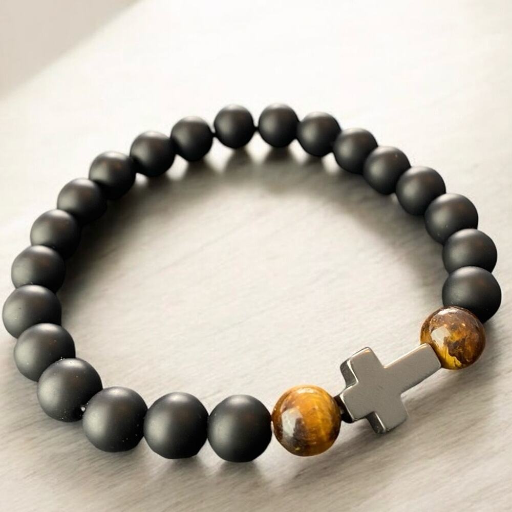 Black Agate & Tiger’s Eye Cross Bracelet NEW